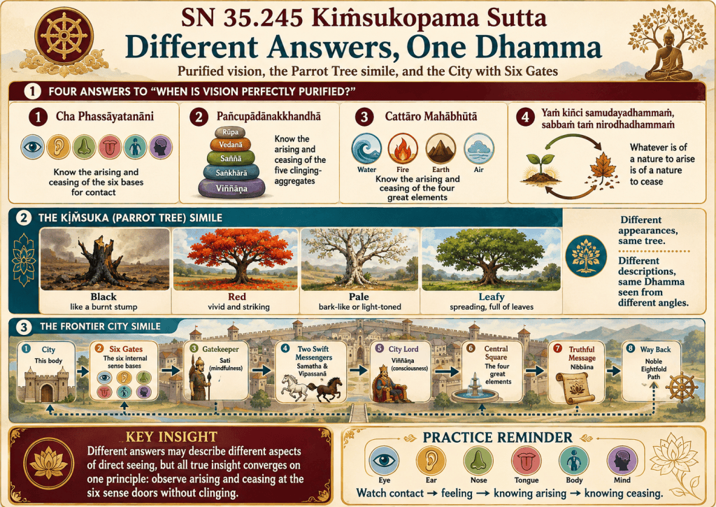 Visual summary for SN 35.245 — Kiṁsukopamasutta: The Parrot Tree Simile