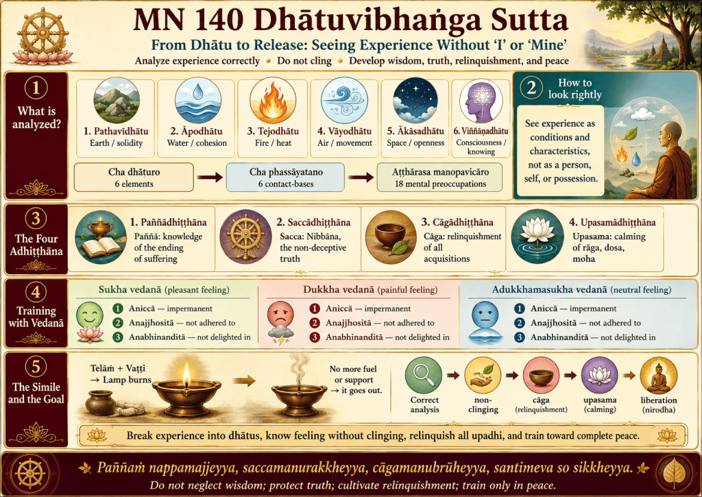 Visual summary for MN 140 — Dhātuvibhaṅgasutta: From Dhātu to Release