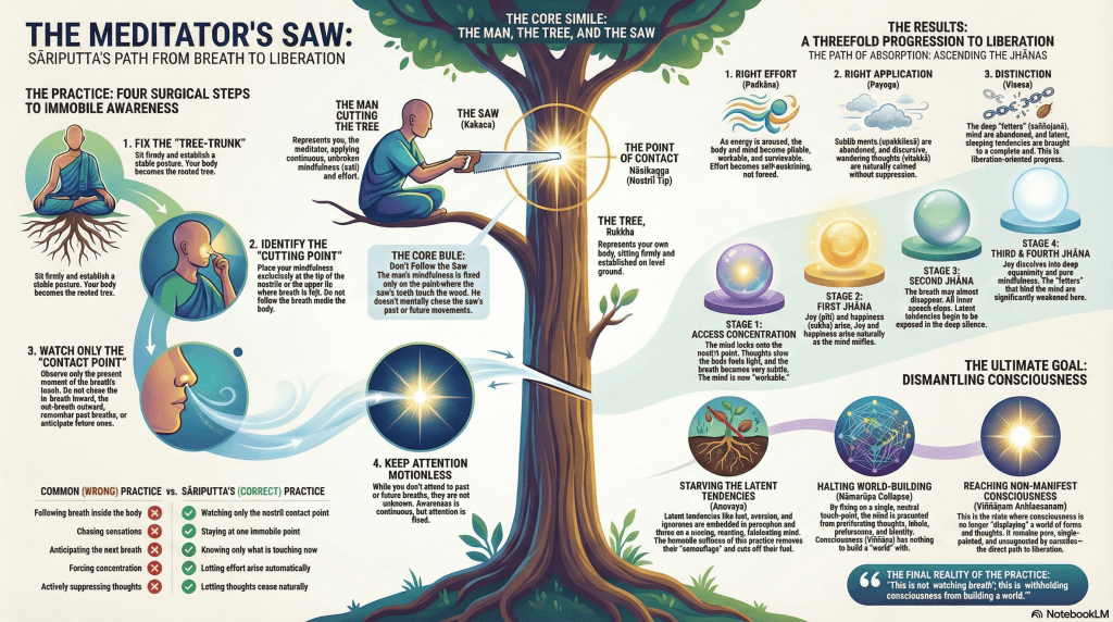 Visual summary for Paṭisambhidāmagga — Ānāpānassatikathā: The Tree and the Saw