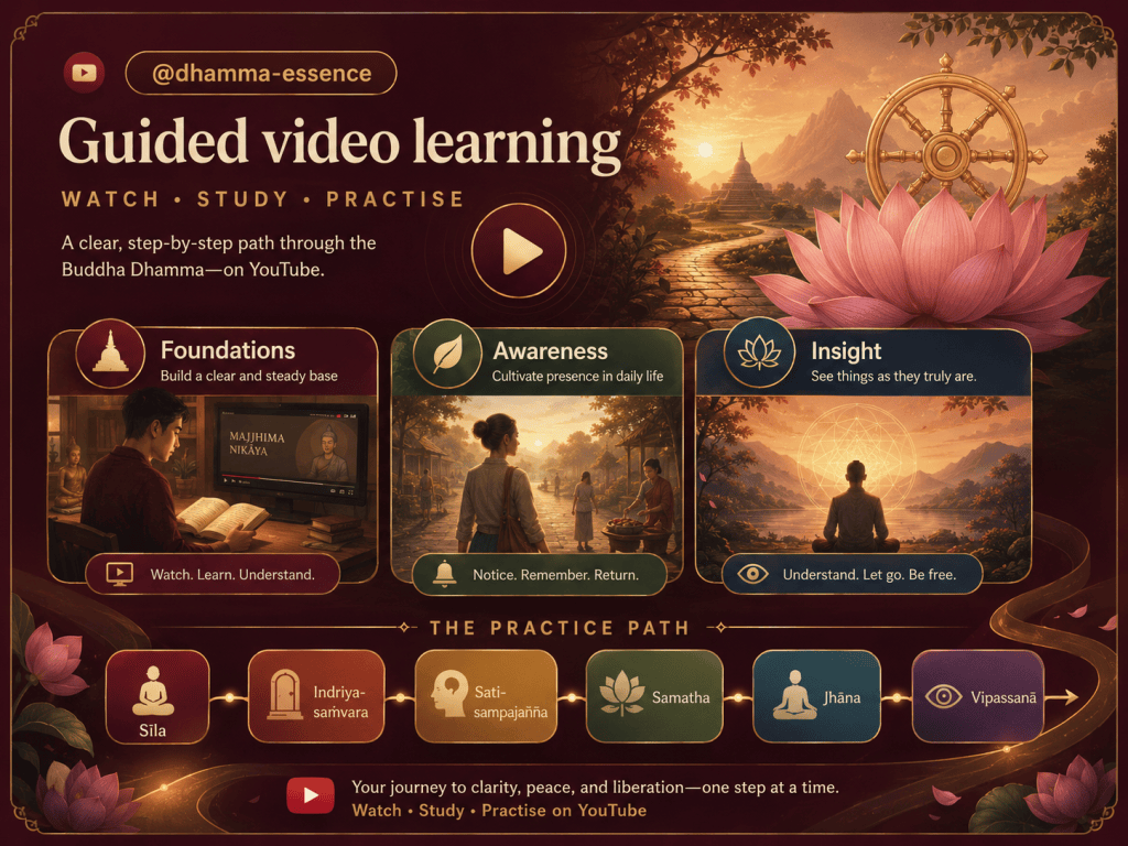 Dhamma Essence guided video learning showing Watch, Study and Practise through the path from Sīla to Vipassanā