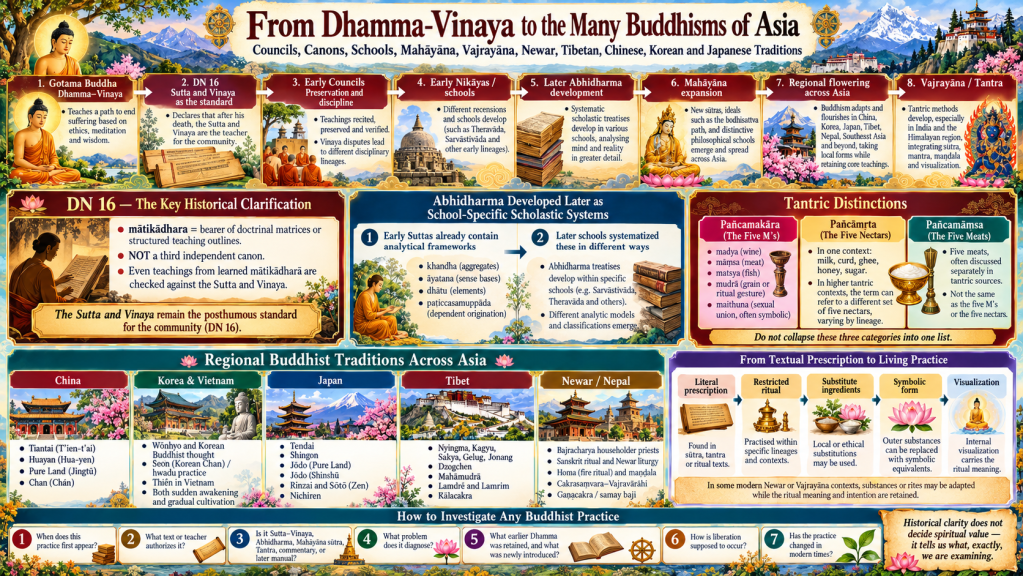 Visual summary for From Dhamma-Vinaya to the Many Buddhisms of Asia